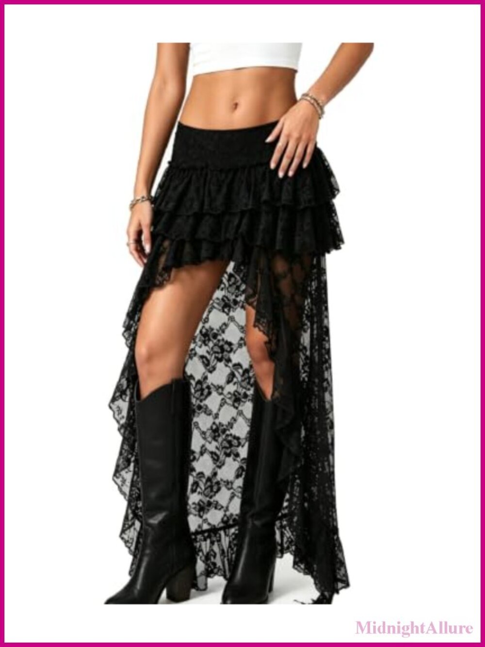 Boho Lace Tiered Ruffle Sheer Mesh Maxi Skirt for Women